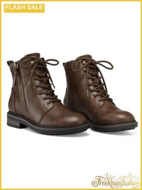 Lace-Up Flat Combat Ankle Boots Faux Leather Memory Foam